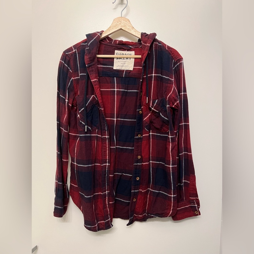Garage Red Plaid Button Up Flannel Hoodie